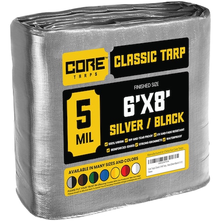 Core Tarps Heavy Duty Tarp, 8 ft L x 0.5 mm H x 6 ft W, 5 Mil, Silver/Black, Polyethylene CT-501-6X8
